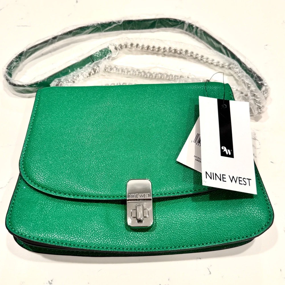 Nine West Green Minka Silver Chain Silver Logo Crossbody Bag and Handbag NWT - Picture 6 of 10